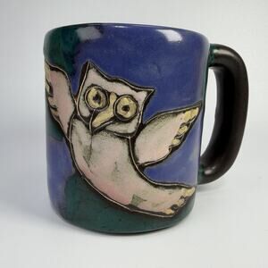 Design by Mara Coffee Mug Butterfly Owl Mexico Pottery Large 16 oz Folk Art